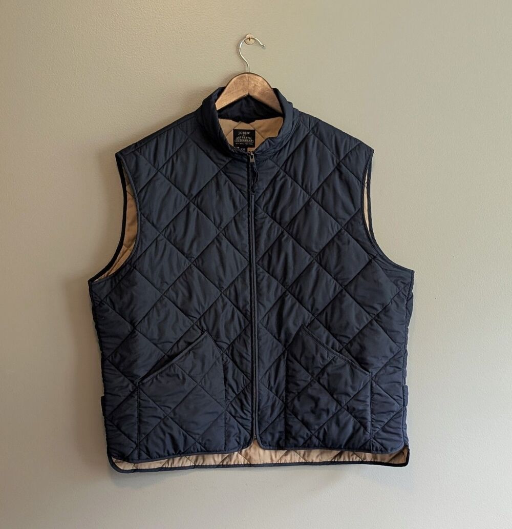 J. Crew Mens Size XXL 2XL Navy Blue Diamond Quilted Full Zip Vest Jacket Tan